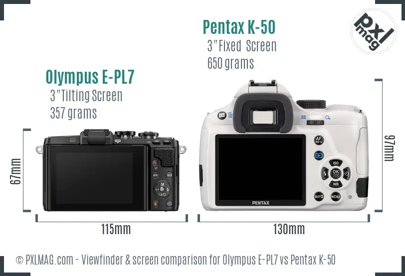 Olympus E-PL7 vs Pentax K-50 Screen and Viewfinder comparison