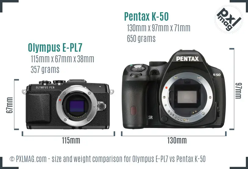 Olympus E-PL7 vs Pentax K-50 size comparison