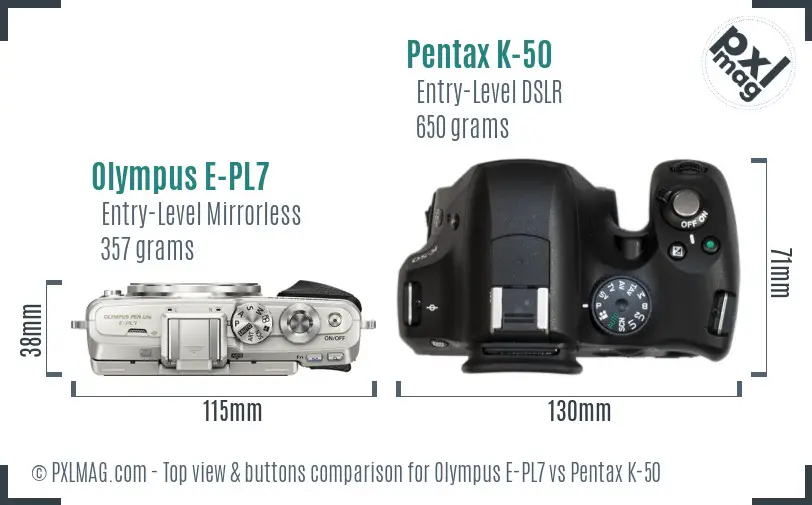 Olympus E-PL7 vs Pentax K-50 top view buttons comparison