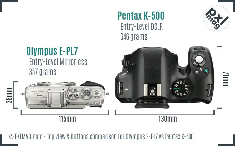 Olympus E-PL7 vs Pentax K-500 top view buttons comparison