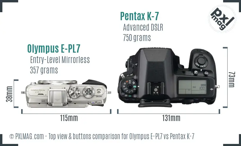 Olympus E-PL7 vs Pentax K-7 top view buttons comparison
