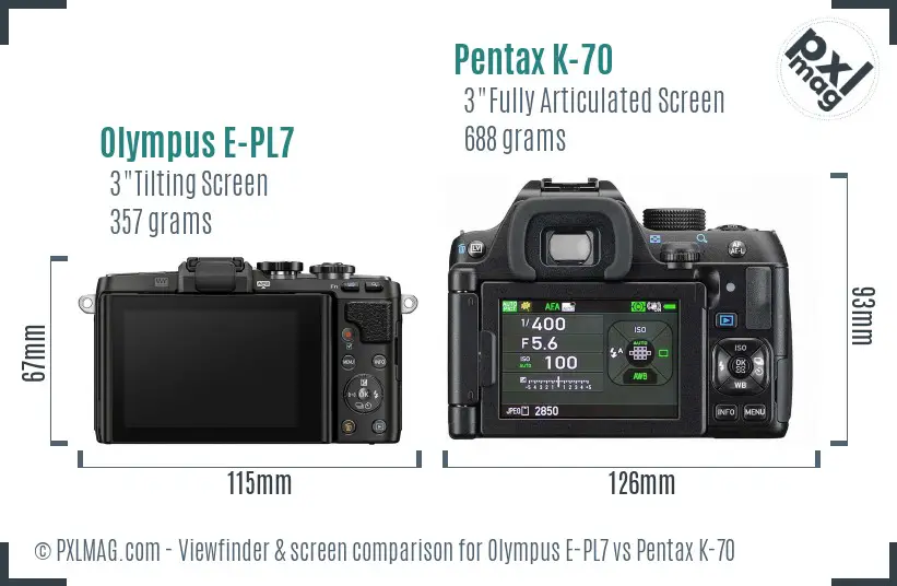 Olympus E-PL7 vs Pentax K-70 Screen and Viewfinder comparison