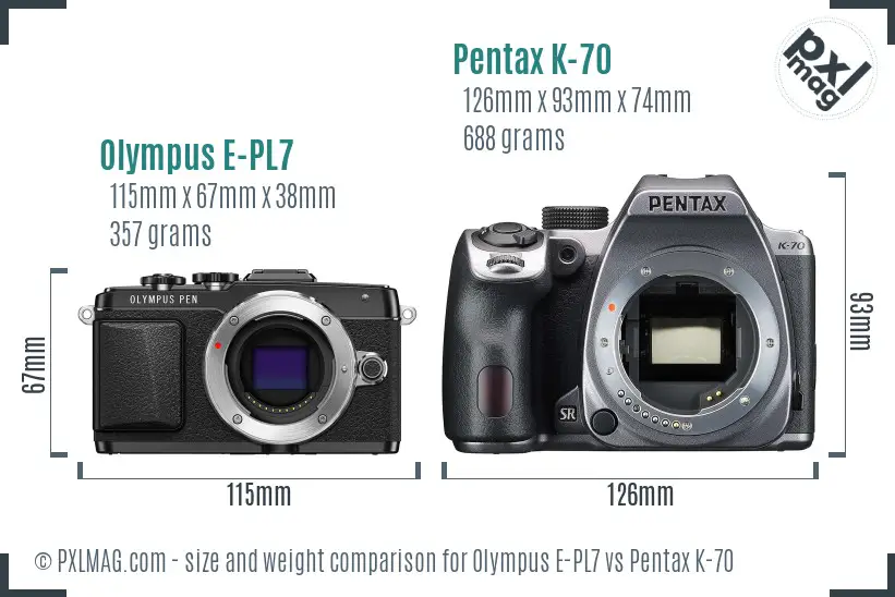 Olympus E-PL7 vs Pentax K-70 size comparison