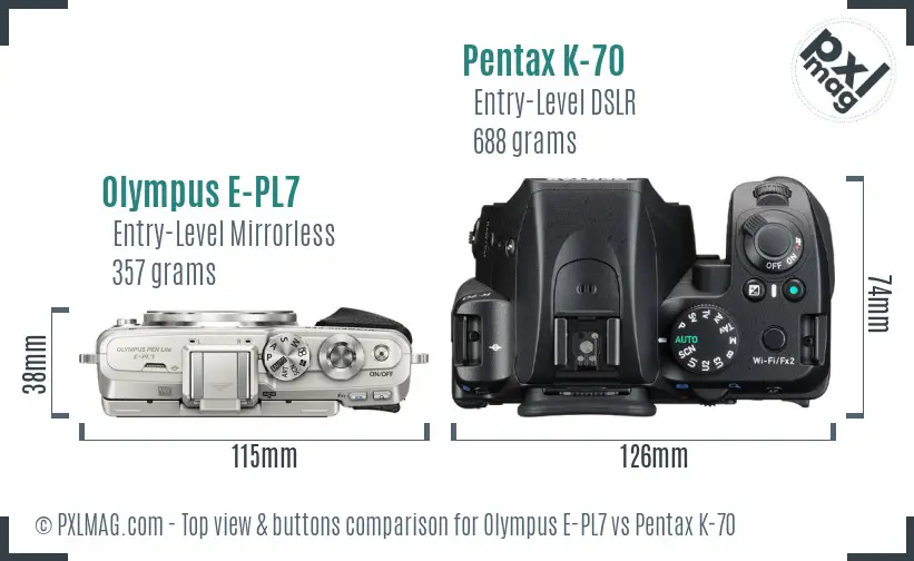 Olympus E-PL7 vs Pentax K-70 top view buttons comparison