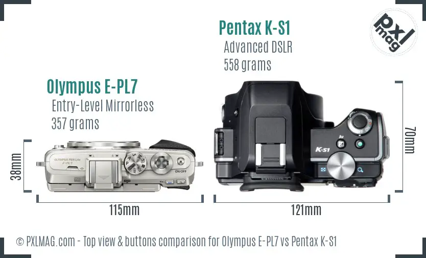 Olympus E-PL7 vs Pentax K-S1 top view buttons comparison