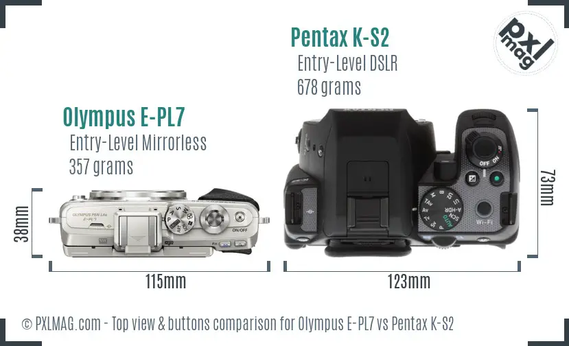 Olympus E-PL7 vs Pentax K-S2 top view buttons comparison