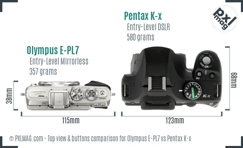 Olympus E-PL7 vs Pentax K-x top view buttons comparison