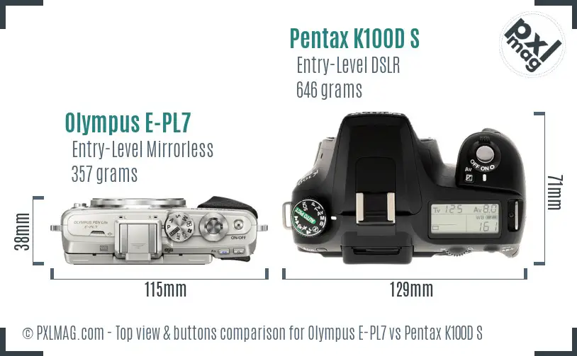 Olympus E-PL7 vs Pentax K100D S top view buttons comparison