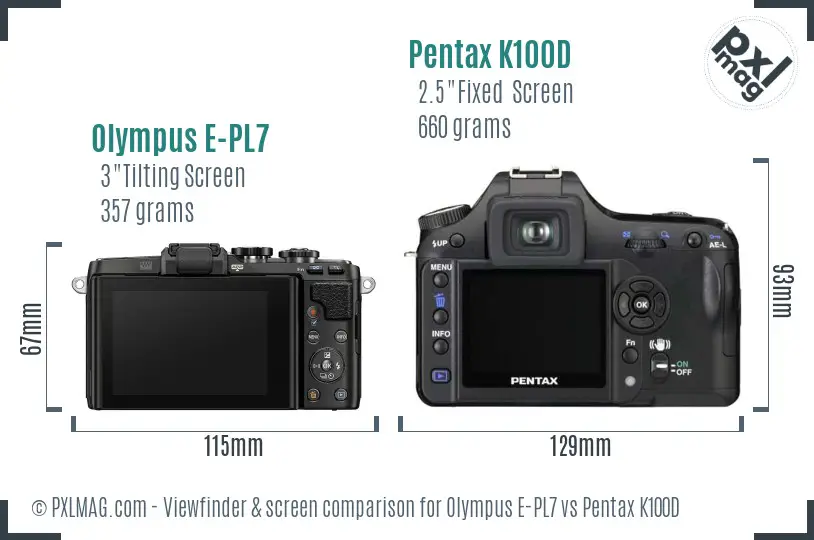 Olympus E-PL7 vs Pentax K100D Screen and Viewfinder comparison