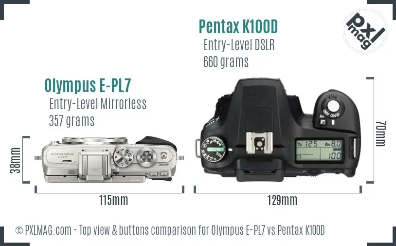 Olympus E-PL7 vs Pentax K100D top view buttons comparison