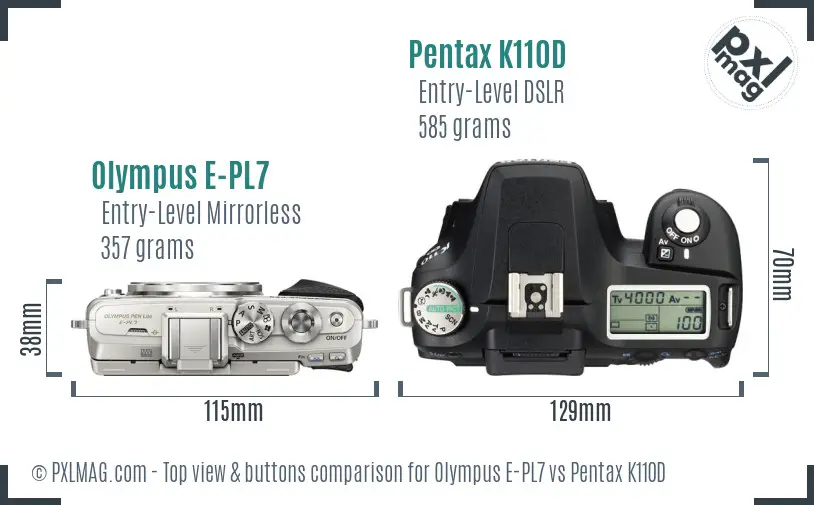 Olympus E-PL7 vs Pentax K110D top view buttons comparison