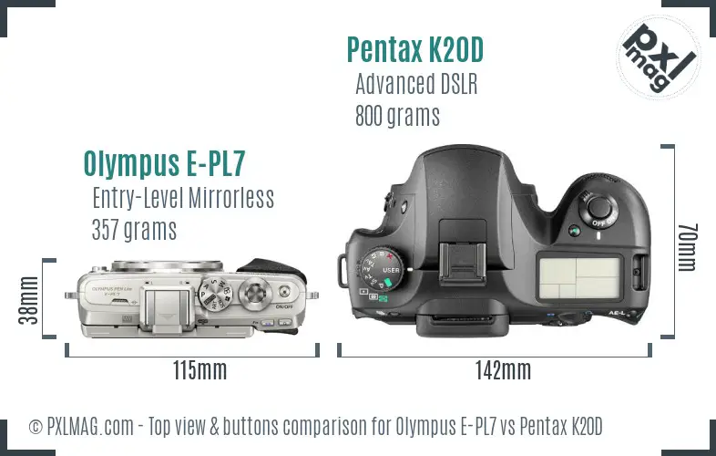 Olympus E-PL7 vs Pentax K20D top view buttons comparison