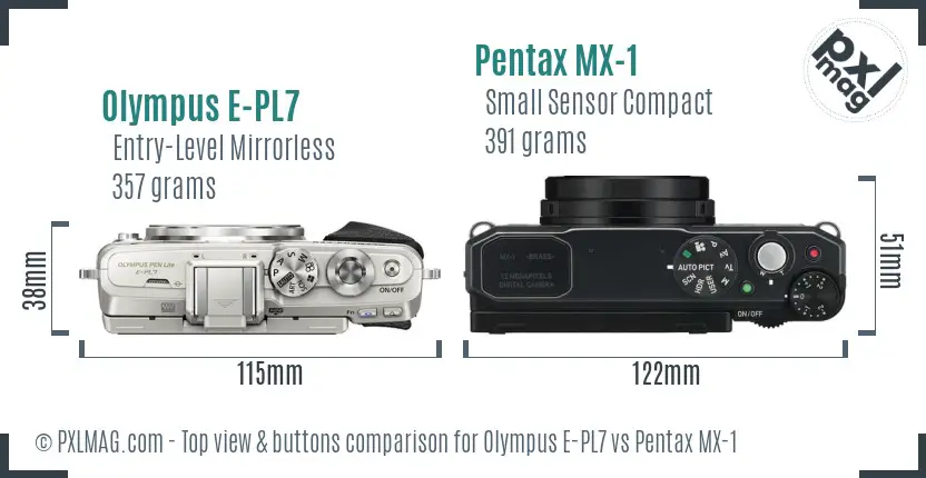 Olympus E-PL7 vs Pentax MX-1 top view buttons comparison