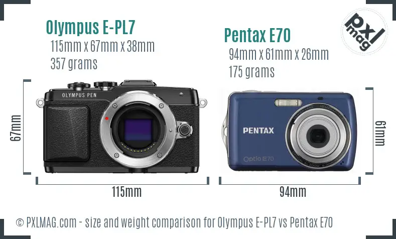 Olympus E-PL7 vs Pentax E70 size comparison