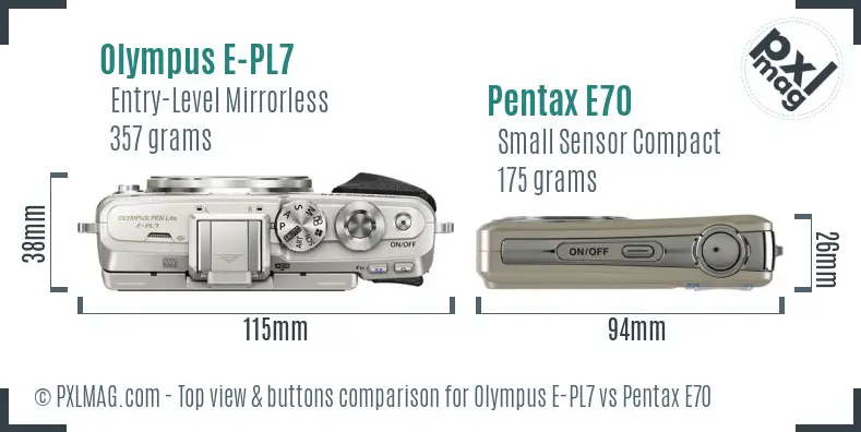 Olympus E-PL7 vs Pentax E70 top view buttons comparison