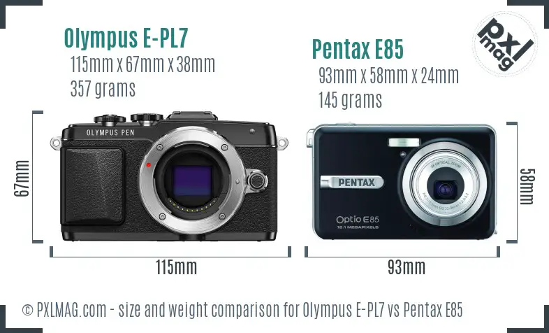Olympus E-PL7 vs Pentax E85 size comparison