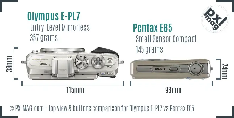 Olympus E-PL7 vs Pentax E85 top view buttons comparison