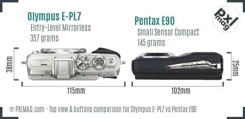 Olympus E-PL7 vs Pentax E90 top view buttons comparison