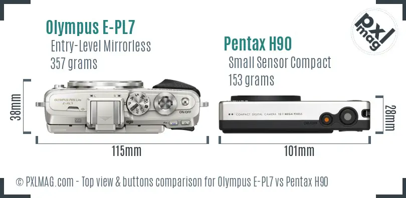 Olympus E-PL7 vs Pentax H90 top view buttons comparison
