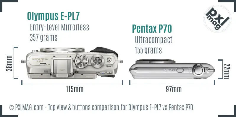 Olympus E-PL7 vs Pentax P70 top view buttons comparison