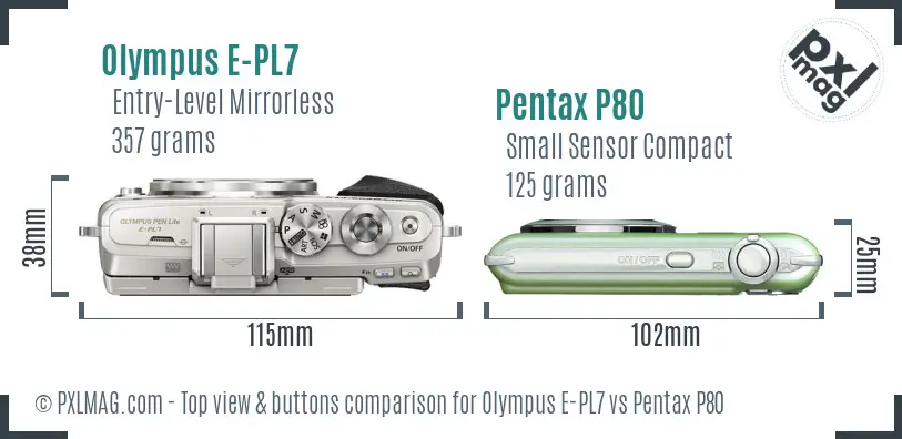 Olympus E-PL7 vs Pentax P80 top view buttons comparison