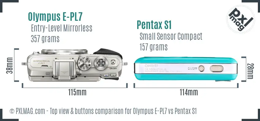 Olympus E-PL7 vs Pentax S1 top view buttons comparison