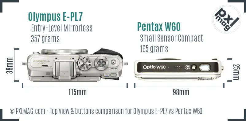 Olympus E-PL7 vs Pentax W60 top view buttons comparison