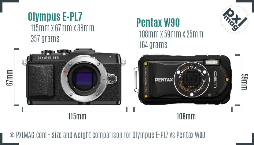 Olympus E-PL7 vs Pentax W90 size comparison
