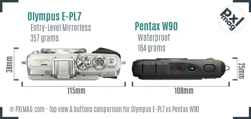 Olympus E-PL7 vs Pentax W90 top view buttons comparison
