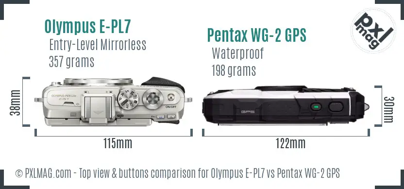 Olympus E-PL7 vs Pentax WG-2 GPS top view buttons comparison