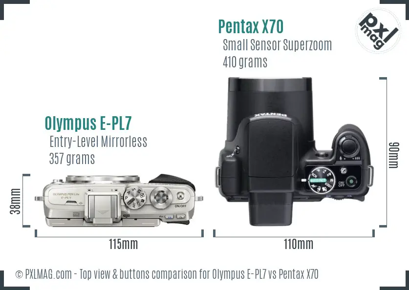 Olympus E-PL7 vs Pentax X70 top view buttons comparison