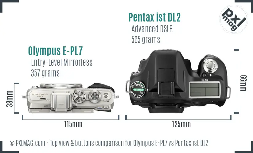Olympus E-PL7 vs Pentax ist DL2 top view buttons comparison