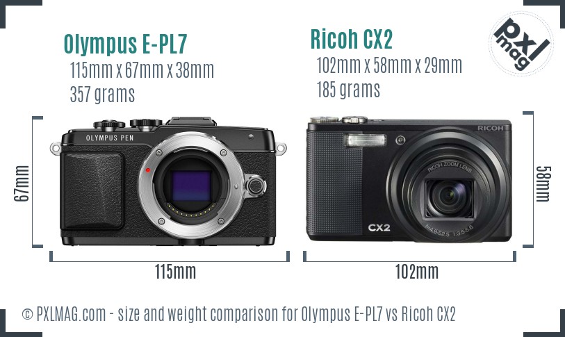 Olympus E-PL7 vs Ricoh CX2 size comparison Olympus E-PL7 vs Ricoh CX2 size comparison