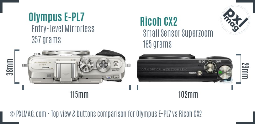 Olympus E-PL7 vs Ricoh CX2 top view buttons comparison