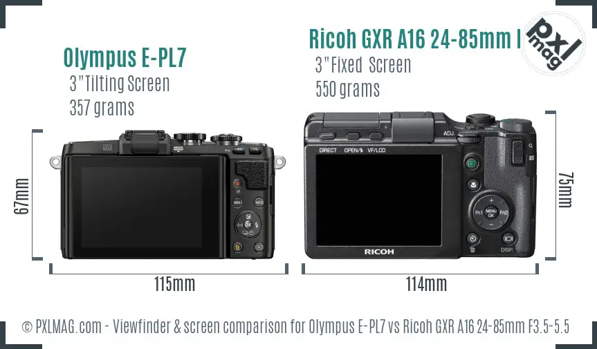 Olympus E-PL7 vs Ricoh GXR A16 24-85mm F3.5-5.5 Screen and Viewfinder comparison