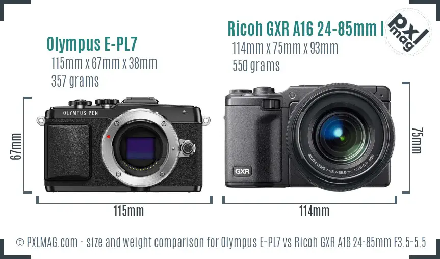 Olympus E-PL7 vs Ricoh GXR A16 24-85mm F3.5-5.5 size comparison