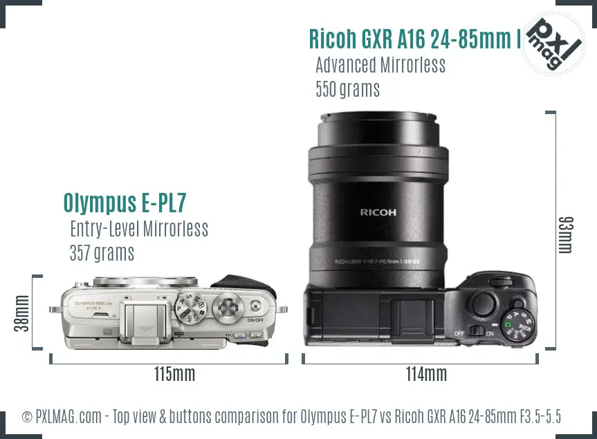 Olympus E-PL7 vs Ricoh GXR A16 24-85mm F3.5-5.5 top view buttons comparison