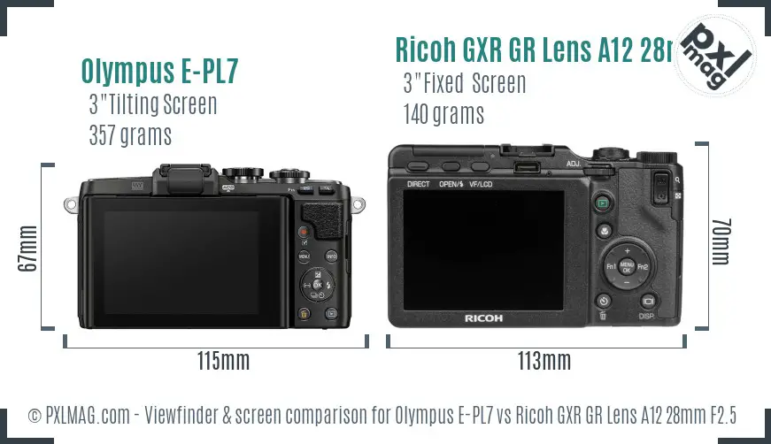 Olympus E-PL7 vs Ricoh GXR GR Lens A12 28mm F2.5 Screen and Viewfinder comparison