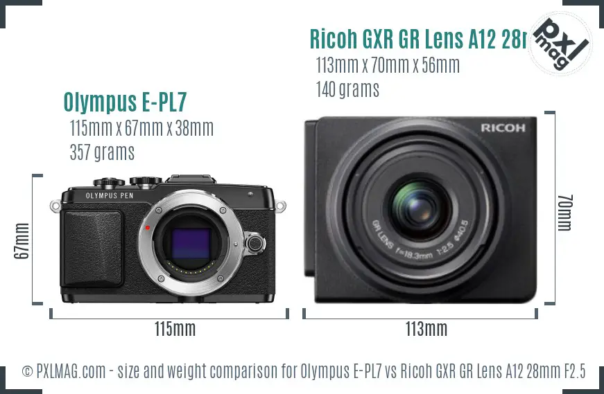 Olympus E-PL7 vs Ricoh GXR GR Lens A12 28mm F2.5 size comparison