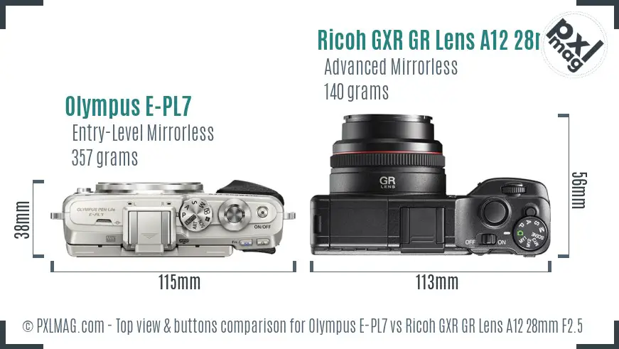 Olympus E-PL7 vs Ricoh GXR GR Lens A12 28mm F2.5 top view buttons comparison