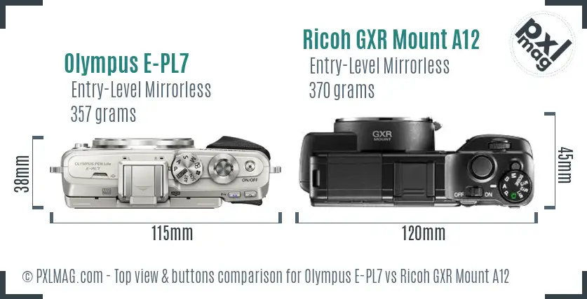 Olympus E-PL7 vs Ricoh GXR Mount A12 top view buttons comparison