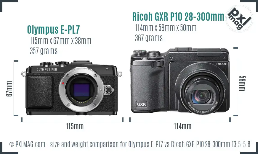Olympus E-PL7 vs Ricoh GXR P10 28-300mm F3.5-5.6 VC size comparison