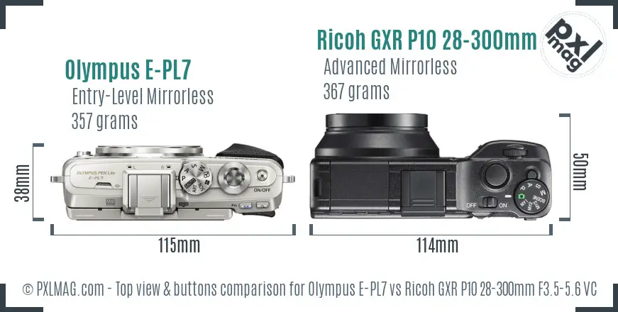 Olympus E-PL7 vs Ricoh GXR P10 28-300mm F3.5-5.6 VC top view buttons comparison