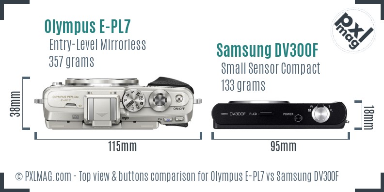 Olympus E-PL7 vs Samsung DV300F top view buttons comparison