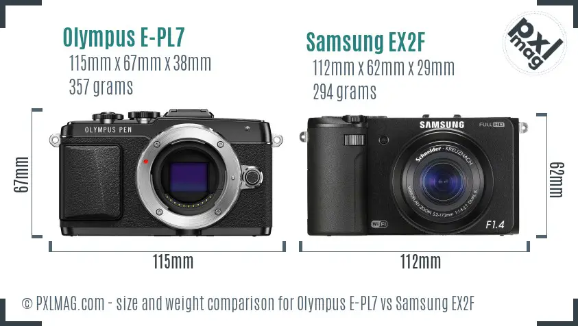 Olympus E-PL7 vs Samsung EX2F size comparison Olympus E-PL7 vs Samsung EX2F size comparison