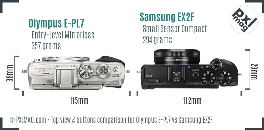 Olympus E-PL7 vs Samsung EX2F top view buttons comparison Olympus E-PL7 vs Samsung EX2F top view buttons comparison
