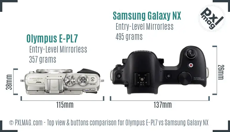 Olympus E-PL7 vs Samsung Galaxy NX top view buttons comparison