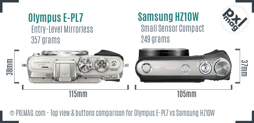 Olympus E-PL7 vs Samsung HZ10W top view buttons comparison