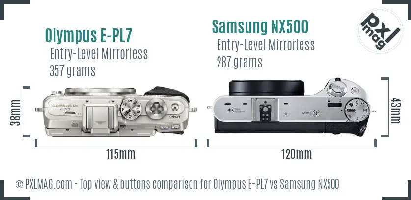 Olympus E-PL7 vs Samsung NX500 top view buttons comparison