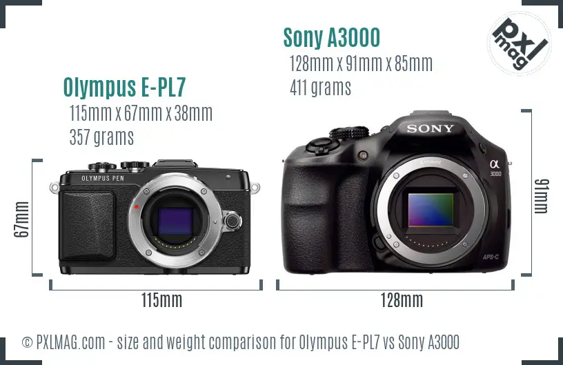 Olympus E-PL7 vs Sony A3000 size comparison